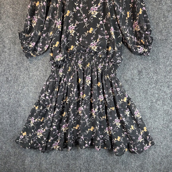 Lulus Floral Clip Dot Smocked Tiered Mini Dress XL Black Puff Sleeve Chiffon - Picture 11 of 16